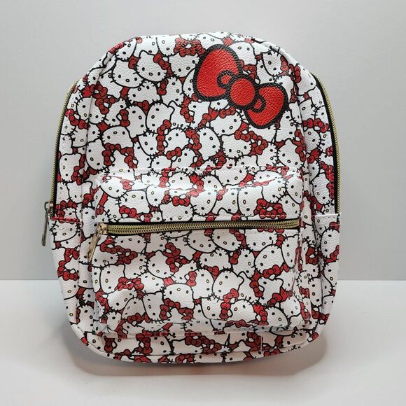 Hello Kitty Face PU Mini Backpack Purse Bag | Adjustable Straps Zipper White Red - Picture 1 of 11